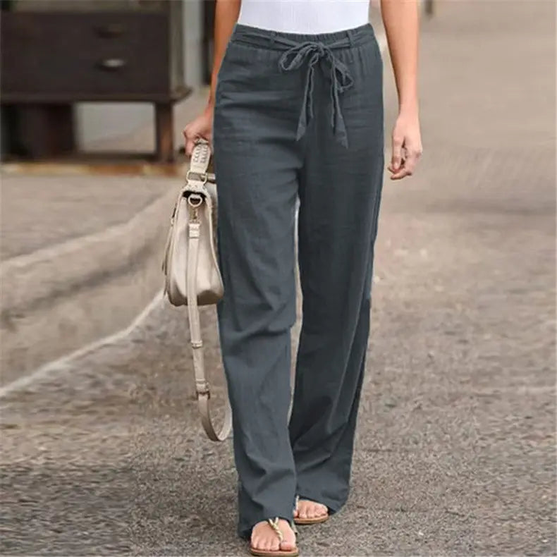 Hot sale summer women's loose wide-leg Cotton linen women's trousers casual high-waist straight-leg