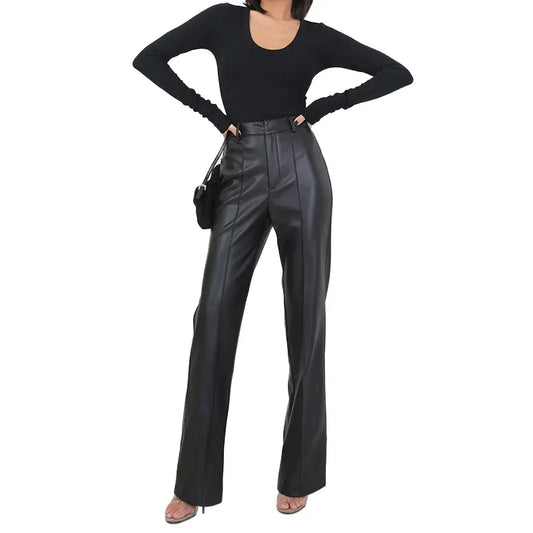 Women Leather Pants Straight-leg Trousers High Waist Leather