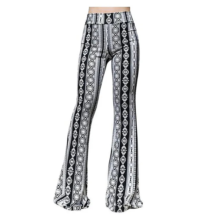 women's boho print high waist wide leg long bell bottom yoga flare