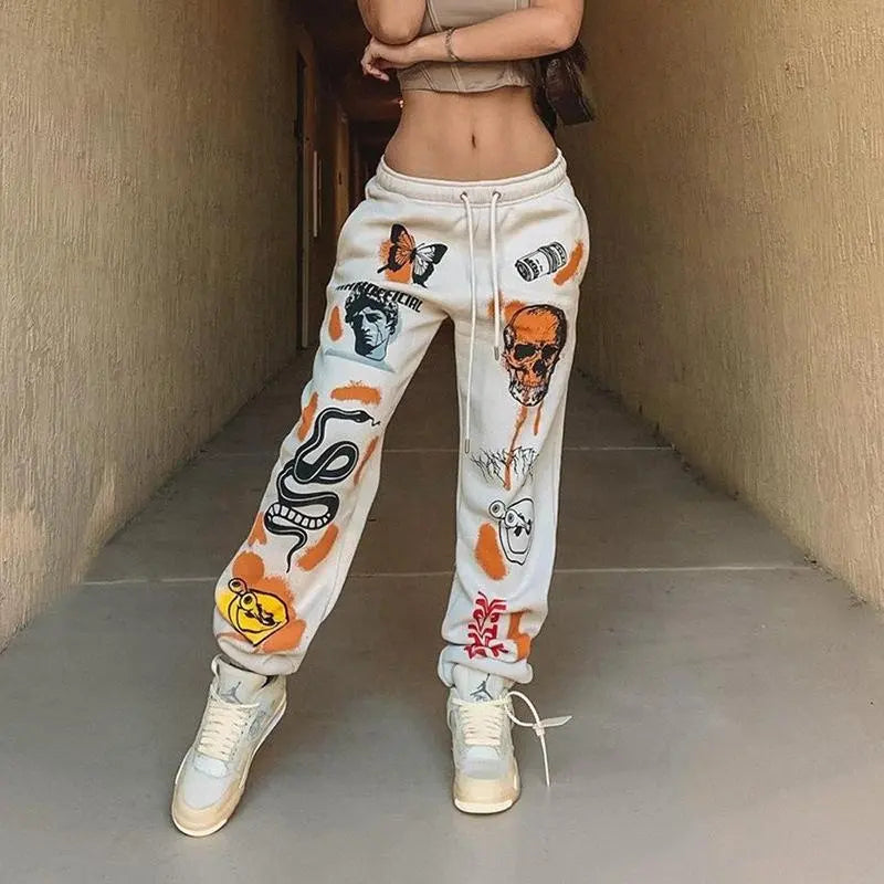 Women Sweat Pants Street Wear Cartoon Printed Trousers Jogger Winter Drawstring Cargo Casual Sweatpants