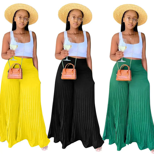 summer women clothing new Fashion casual solid color high temperature stereotype pleated wide leg