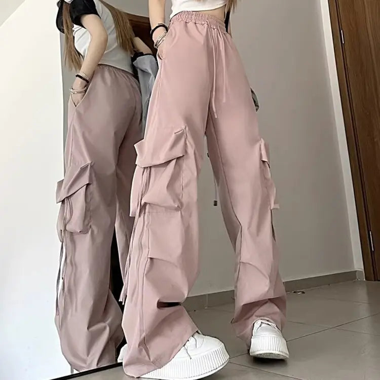 Plus Size Women's Beige Loose Cargo Pants Casual Baggy Wide Leg Sweatpants Hippie Joggers Trousers Drawstring Closure Hip Hop