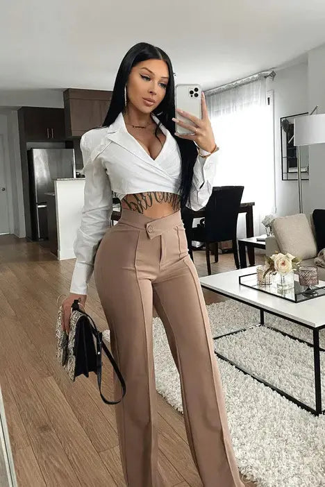 C230135 Daily Stretch Fabric Zipper Fly Long Straight Solid Formal Trousers Women's Clothing