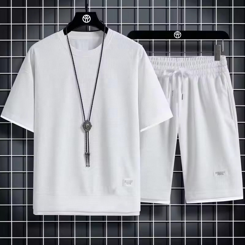 Conyson High Quality Summer Waffle Outfit Polyester Set Clothes Sport Wear Top And Short Jogger 2 Pieces Tracksuit Men Sets