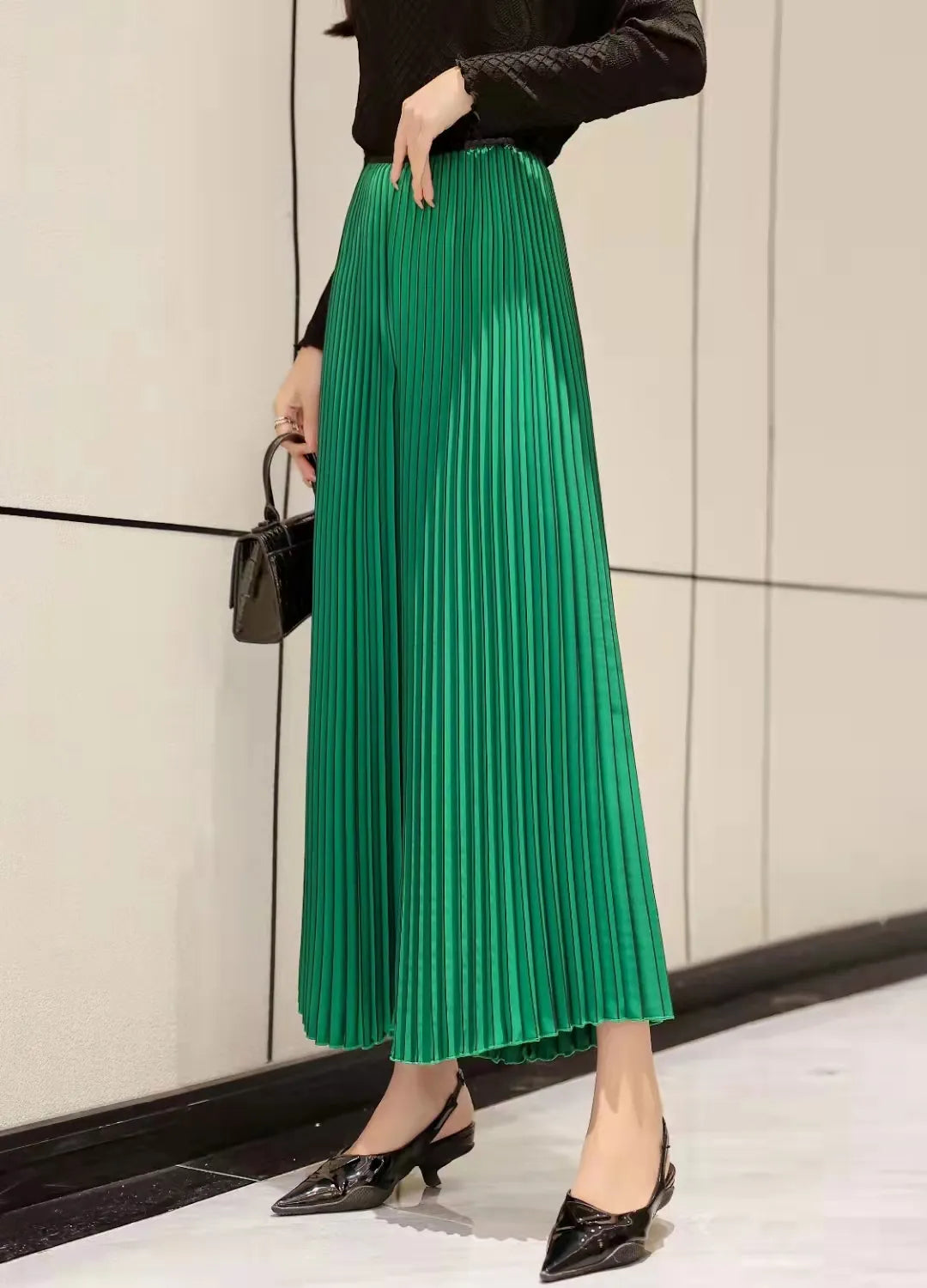 Women Korean Style Miyake Chic Solid A-line trousers Midi Elegant Elastic High Waist Long Accordion Pleated