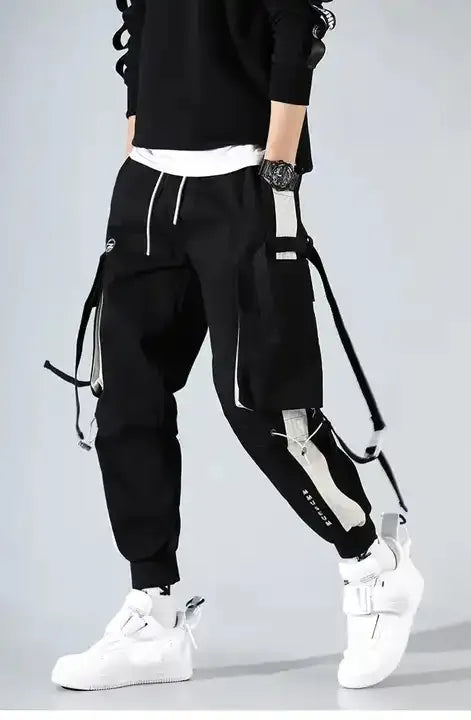 YiXin Men Cargo Jogger Pants Black Cargo Pocket Track Joggers Hip Hop Joggers Male Sweatpants Ribbons Men Cargo