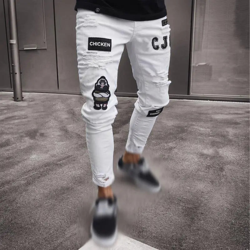 Men Casual Denim Men Jogger Pants Hot Sale Street Skinny Jeans With Ripped Badges Logo Leggings Men Pencil Cargo Jean