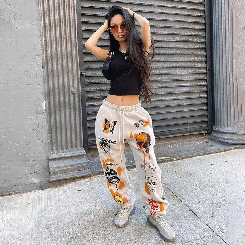 Women Sweat Pants Street Wear Cartoon Printed Trousers Jogger Winter Drawstring Cargo Casual Sweatpants