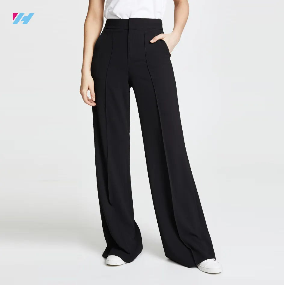 Custom Fashion Ladies Trousers Straight Long High Waist Black Suit Wide Leg For Women