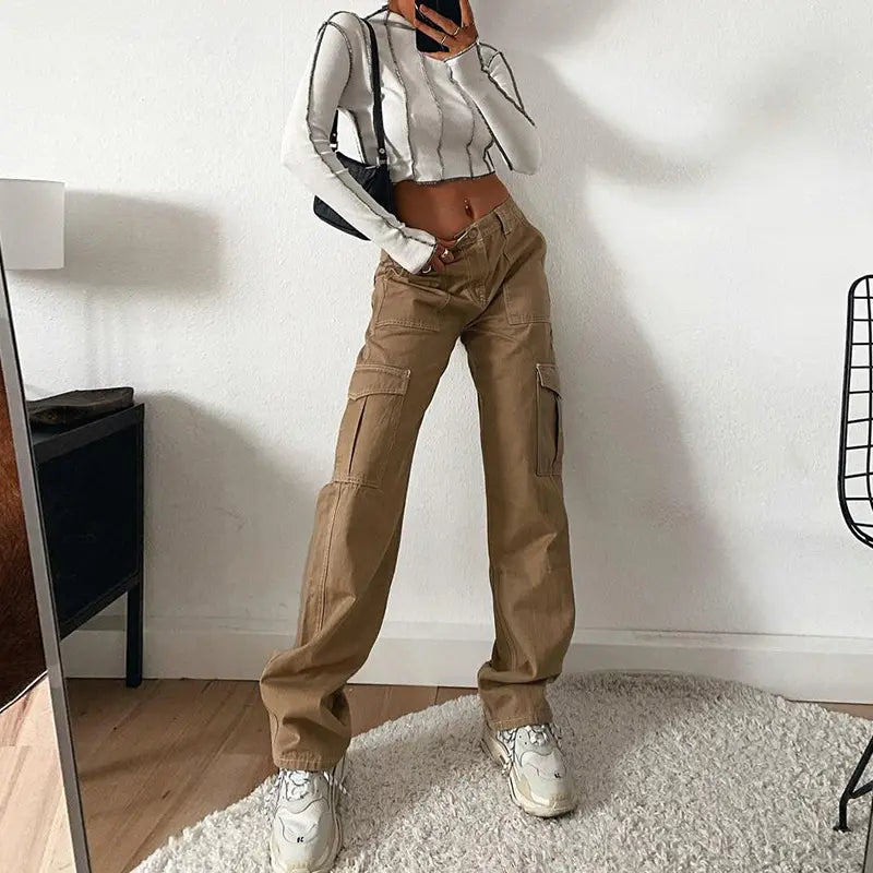 Hot Sale Hip Hop Girls Trousers Streetwear baggy Multi Pockets Wide Leg Casual Women Cargo