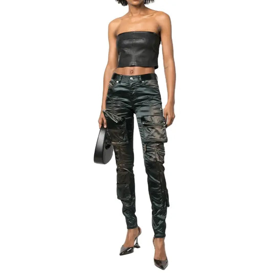 OEM Custom Low Waist Multiple Zip Pocket Skinny Fit Satin Cargo Women