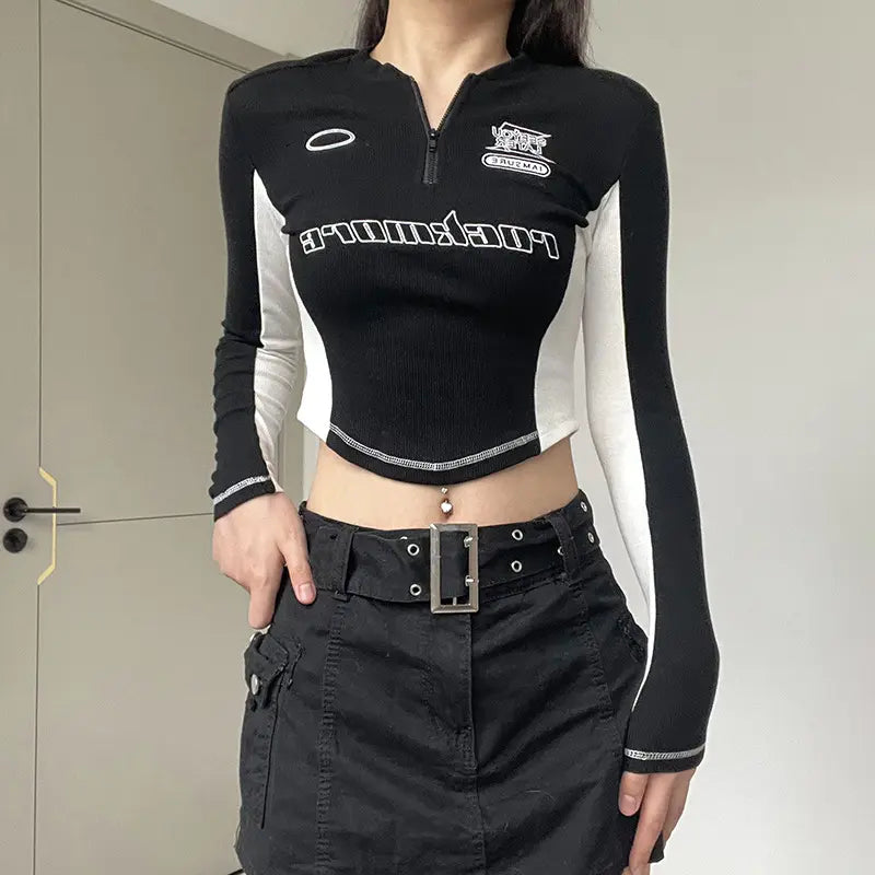 Mechanical Style Hot Girl Graphic Print Stitching Long Sleeve Y2K T- Slim-fit Fashion Top Women