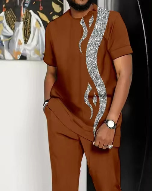 Men'S Brown White Printed Short Sleeve Suit Men Clothing Wear African For Men