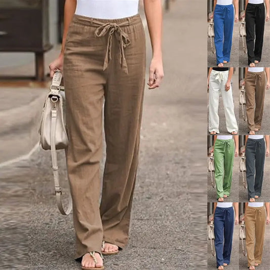 Hot sale summer women's loose wide-leg Cotton linen women's trousers casual high-waist straight-leg