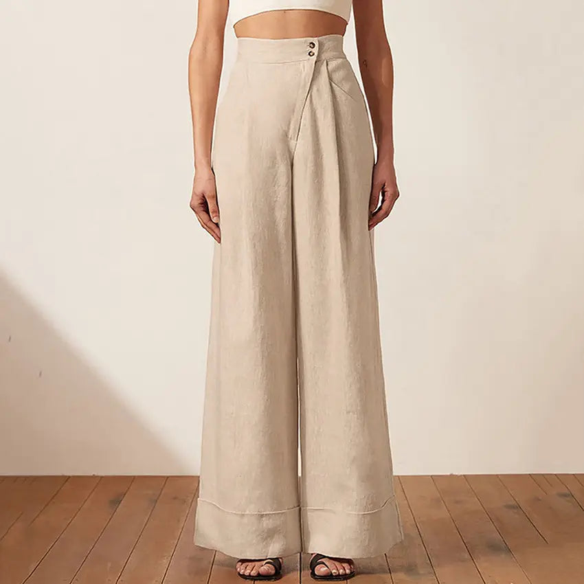 Shinesia Summer Casual Pants Women's Clothing Khaki Straight Cotton Linen High Waist Loose Knitted WASHED Wide Leg Trousers