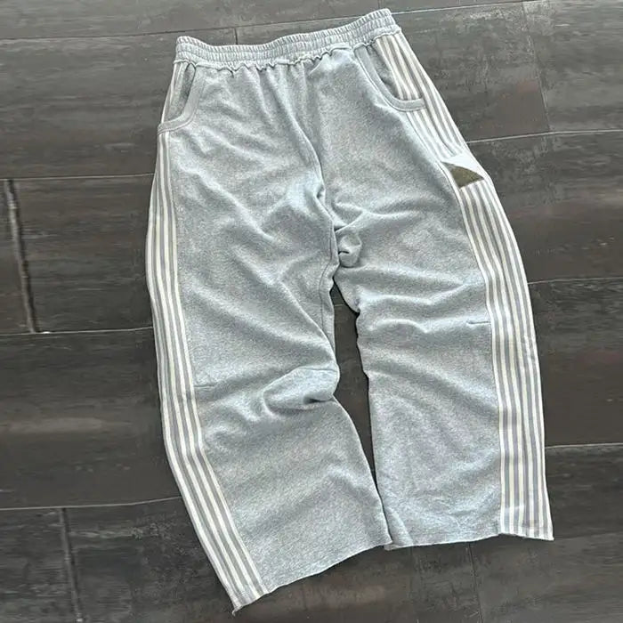 Custom Streetwear High Quality Grey Heavyweight French Terry Loose Wide Leg Baggy Striped Sweatpants for Men