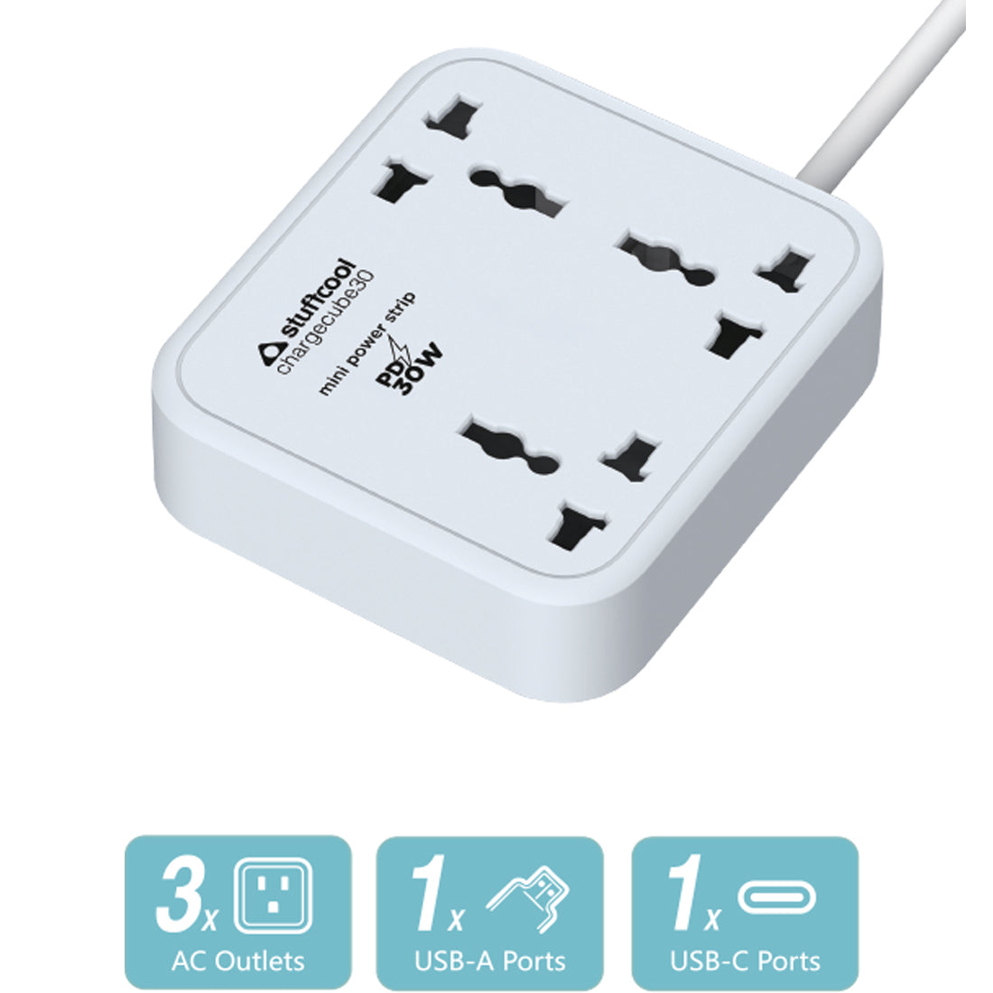 ChargeCube Mini Power Strip with 30W Type C output