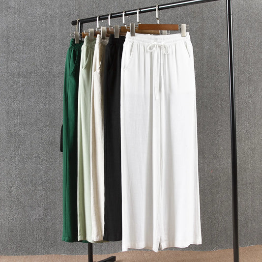 High waisted wide leg pants women plus size cotton linen casual drawstring women's trousers white linen