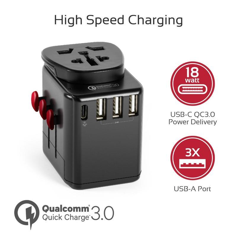 Tripmate - Travel Adapter with Re-settable Fuse & 30 Watt Output. Qualcomm 3.0 USB Type-C��� 18W Power Delivery Port