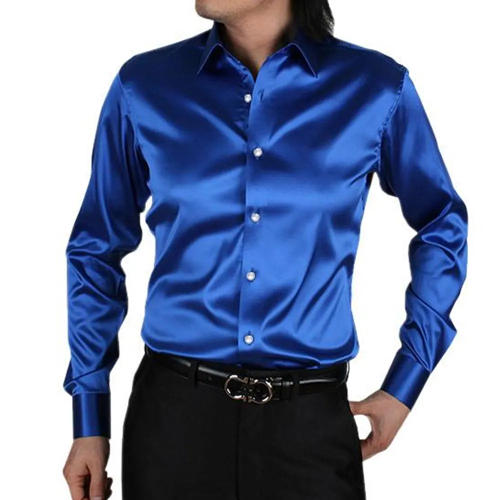 Latest Designs Smooth Silk Satin Shirt Men's Slim Fit Long Sleeve Button Down Dress at Wholesale