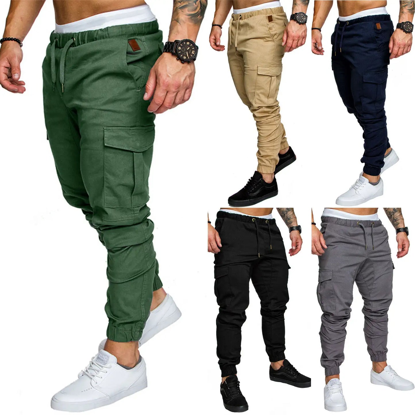 Men skinny cargo combat trousers slim fit jogger tracksuit bottom