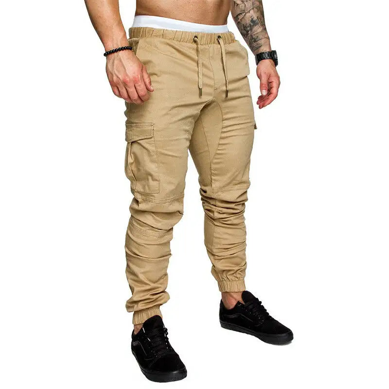 Men skinny cargo combat trousers slim fit jogger tracksuit bottom