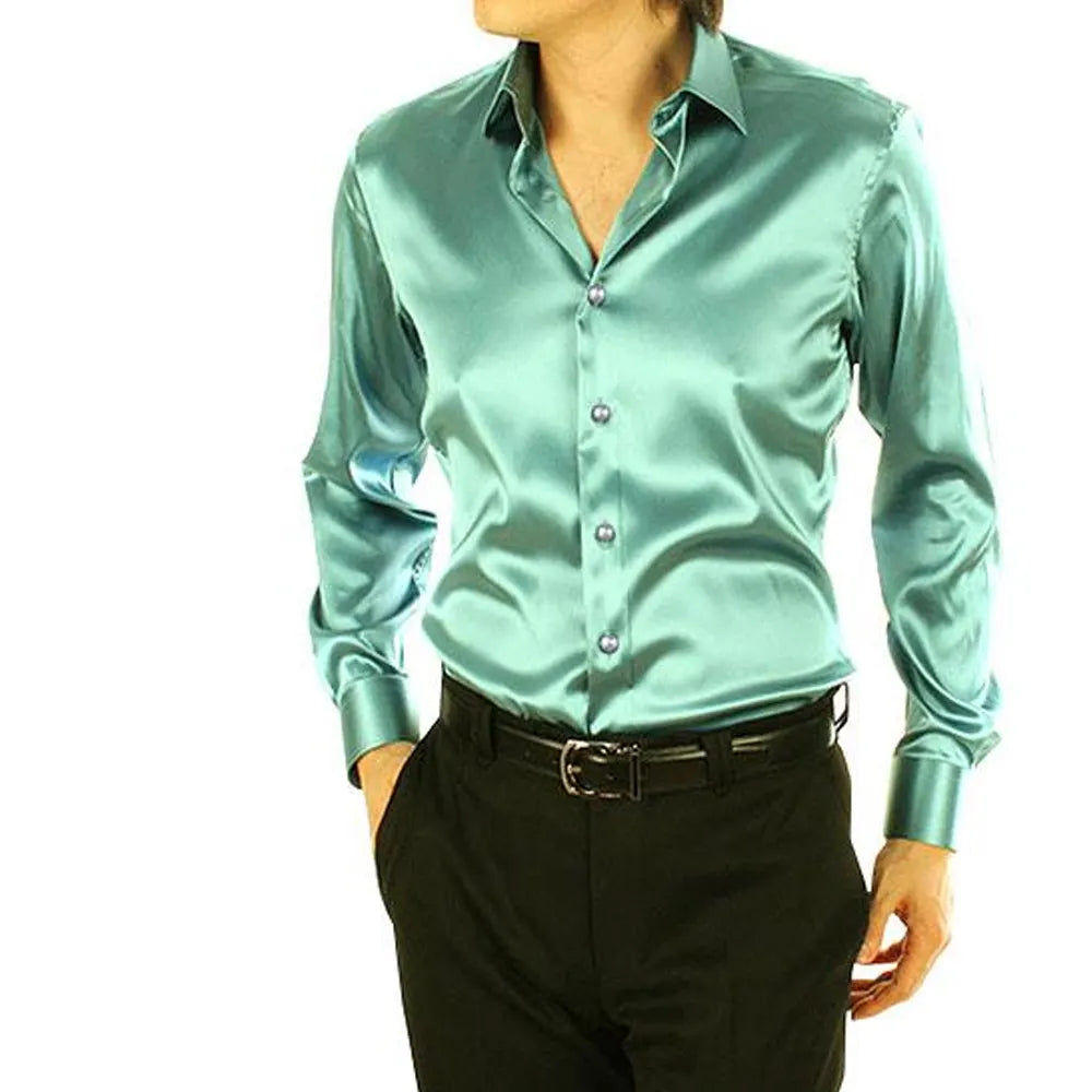 Latest Designs Smooth Silk Satin Shirt Men's Slim Fit Long Sleeve Button Down Dress at Wholesale