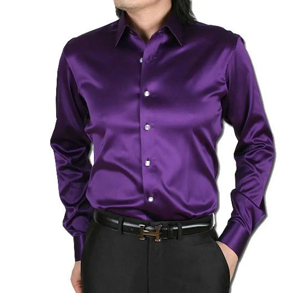 Latest Designs Smooth Silk Satin Shirt Men's Slim Fit Long Sleeve Button Down Dress at Wholesale