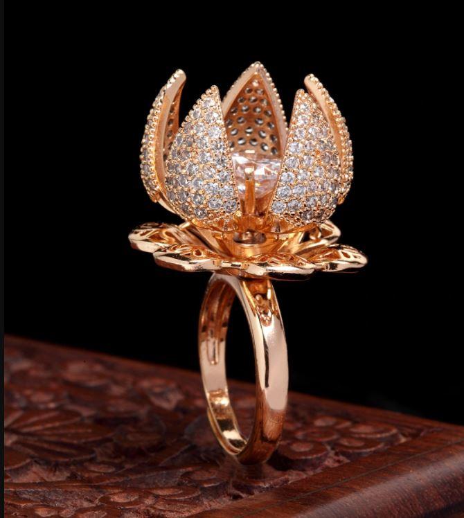 Gold-Plated & White AD-Studded Rotating Adjustable Finger Ring