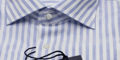 Regular fit 100% cotton shirt. White color with blue stripes. From size 39 to 45.