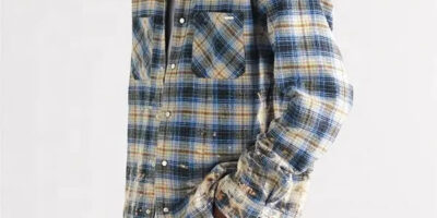 Custom oversized distressed checked cotton flannel mineral acid wash used ripped for men